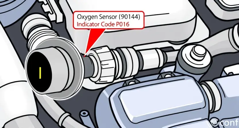 A high-quality technical illustration of an automotive engine control system showing an oxygen sensor with a warning indicator for error code P0146, clean background, professional diagram style, no text or numbers on image