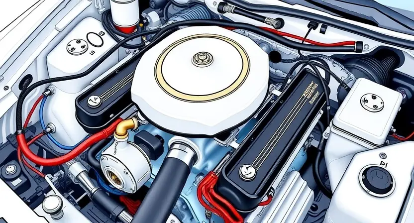 A detailed illustration of an engine bay with a focus on the third cylinder. The cylinder head should be clearly visible, showing the spark plug and valve cover. Wires and hoses should be realistically depicted, indicating the engine's complexity. The overall lighting should be bright and even, highlighting the engine components.