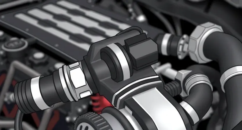 A close-up illustration of a car engine bay, highlighting the mass airflow sensor (MAF sensor). The sensor should be clearly visible, with surrounding engine components subtly in focus. Use bright, clean lighting to showcase the sensor's details. Focus on the sensor's physical form and connections.