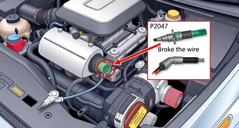 A detailed illustration of a car engine compartment, focusing on the fuel injection system. Highlight the fuel injector and its wiring harness. Show a visual representation of a broken or disconnected wire, indicating the 'P2047' error. The engine should be clean and well-lit, emphasizing the technical aspects.