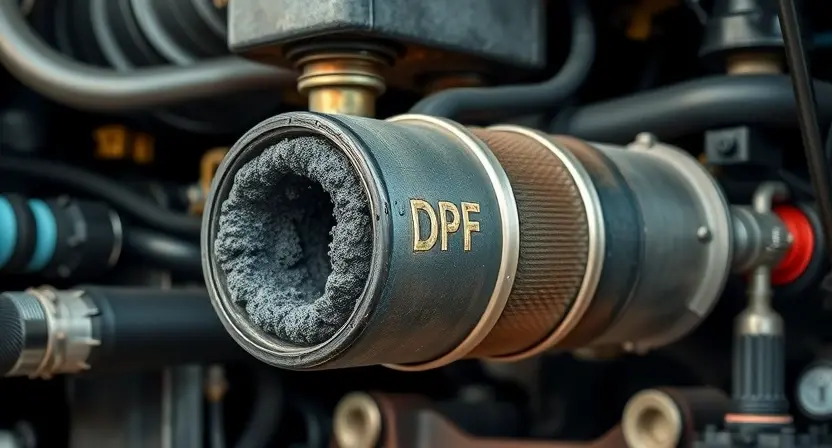 A close-up, detailed illustration of a diesel engine's exhaust system, specifically focusing on the DPF (Diesel Particulate Filter). The DPF should appear partially clogged with soot, visually demonstrating the regeneration problem. Include visible pipes, sensors, and components associated with the DPF system. The background should be a slightly blurred engine compartment environment. Focus on realistic textures and lighting to convey a sense of mechanical detail and the problem's severity.
