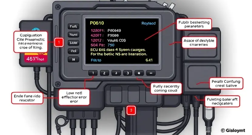 A detailed illustration of an engine control unit (ECU) with various diagnostic tools connected. The ECU should display error codes, specifically P0610. Include visual representations of configuration parameters and potential causes of the error. Focus on technical accuracy and clarity.