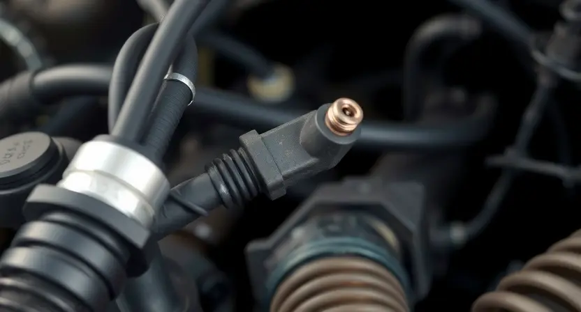 A close-up shot of a car's engine bay, focusing on the engine coolant temperature sensor. The sensor should be clearly visible, with hoses and wiring around it. The overall image should convey a sense of automotive mechanics and diagnostics. The background should be slightly blurred to emphasize the sensor.