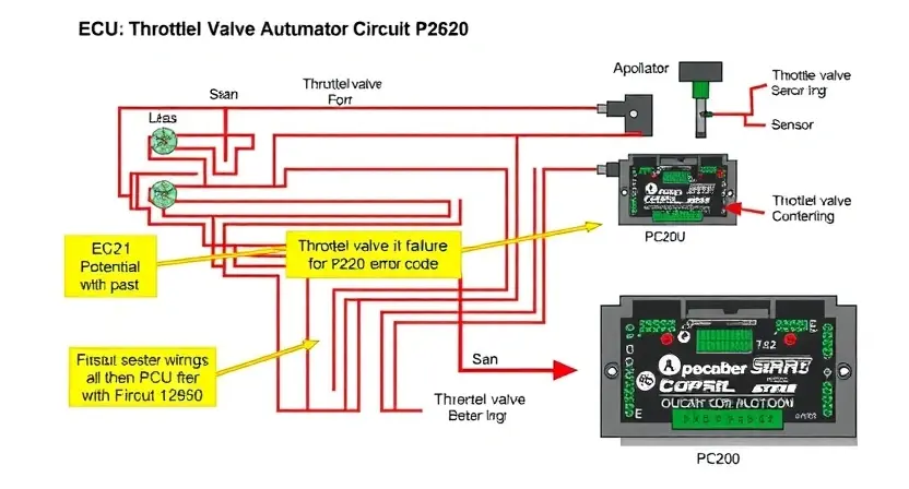 A detailed schematic diagram of an engine control unit (ECU) with a focus on the throttle valve actuator circuit. Highlight the potential points of failure for a P2620 error code. Include visual representations of the throttle valve, sensor, wiring, and the ECU's internal components.