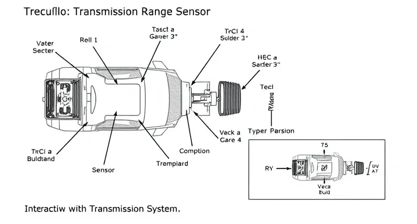 A detailed illustration of a transmission range sensor, highlighting its components and connections. The sensor should be depicted in a technical drawing style, with clear labels for each part. Include a diagram showing how the sensor interacts with the transmission system.