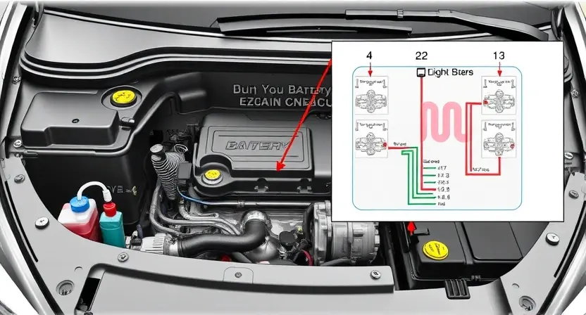 A detailed illustration of a car's Battery ECU (Electronic Control Unit) within the engine compartment. Highlight the ECU's connection to the battery and other vehicle systems with clear, simplified wiring diagrams. Show the ECU's internal components schematically, emphasizing its role in managing battery functions. Focus on a clean, technical representation suitable for an automotive repair manual.
