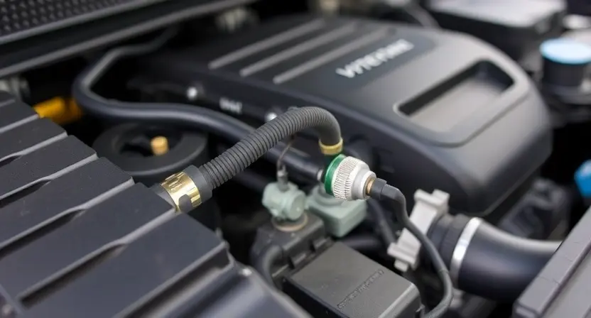 A close-up shot of a car's engine bay, focusing on the engine temperature sensor and related components. The engine should appear clean and well-maintained. The background should be slightly blurred to emphasize the sensor.