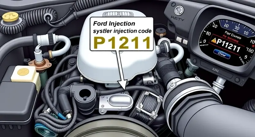 A detailed illustration of a Ford PowerStroke engine's fuel injection system, highlighting the P1211 error code indicator on the dashboard. Focus on the engine components, fuel lines, and sensors related to the injection system. The image should clearly depict the engine bay and the dashboard with the error message visible.