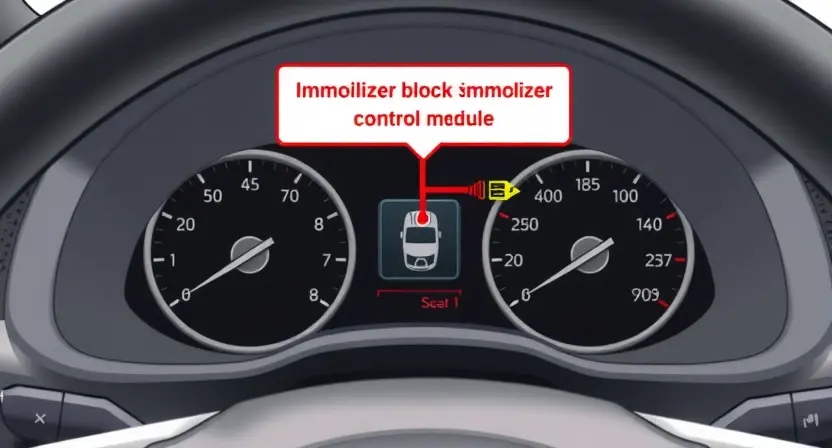A high-quality technical illustration showing a car dashboard with an immobilizer system, highlighting the communication link between the immobilizer block and the vehicle's control module, with visual indicators of a connection error, clean lines, technical accuracy, no text or numbers on the image