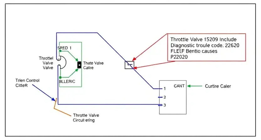 A detailed schematic diagram of an engine control unit (ECU) with a focus on the throttle valve actuator circuit. Include visual representations of the throttle valve, the solenoid, wiring, and the corresponding diagnostic trouble code (P2620) highlighted. The diagram should be clean, well-labeled, and illustrate the potential causes of the circuit break.