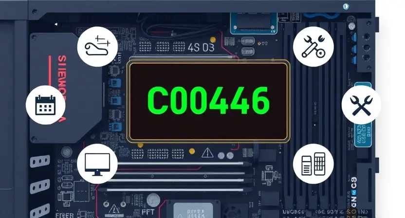 A high-quality technical illustration showing a computer motherboard with a highlighted error code C0046 displayed on a diagnostic screen, surrounded by icons representing troubleshooting tools and preventive maintenance symbols, clean and professional visual style