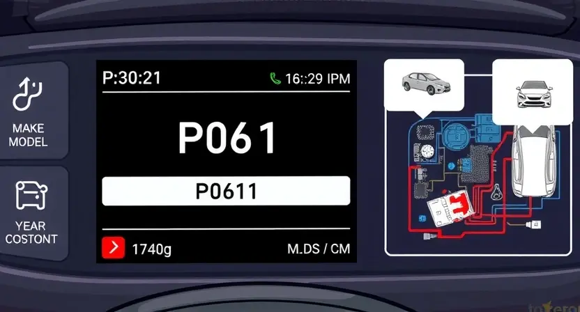 A detailed illustration of a car's diagnostic interface displaying a P0611 error code. The interface should show the code prominently, along with relevant vehicle information (make, model, year). Include visual representations of the affected system (e.g., a diagram of the vehicle's electrical system with the relevant component highlighted).