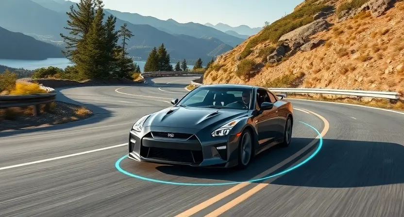 A modern car driving on a winding road through a scenic mountain landscape. The car's stability control system is subtly highlighted with a faint, glowing blue line tracing the car's path, indicating its active role in maintaining control. Focus on the car's smooth handling and the driver's confident posture.