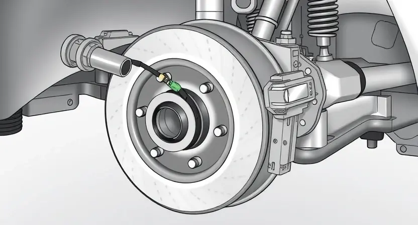 A detailed illustration of a car's front right wheel hub assembly, highlighting the speed sensor. Show the sensor's location, wiring connections, and surrounding components like the brake rotor and suspension parts. Focus on the sensor itself, making it clearly visible and identifiable. The image should depict a clean, well-lit automotive diagnostic setting.