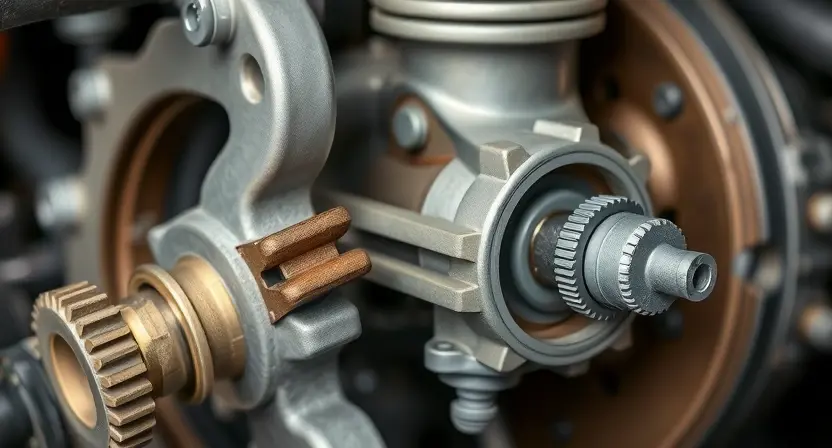 A detailed close-up photograph of the internal components of a power steering pump, showcasing the mechanical parts and potential points of failure related to a C1232 error. Focus on the pump's gears, seals, and internal mechanisms. The image should highlight the complexity of the pump's design and the potential for wear and tear.