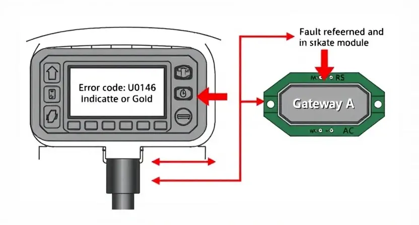 A detailed technical illustration of a vehicle's electronic control system showing a fault indicator for error code U0146, with visual elements like warning lights, circuit diagrams, and a gateway module labeled 'Gateway A', rendered in a clean, professional style suitable for automotive diagnostics documentation