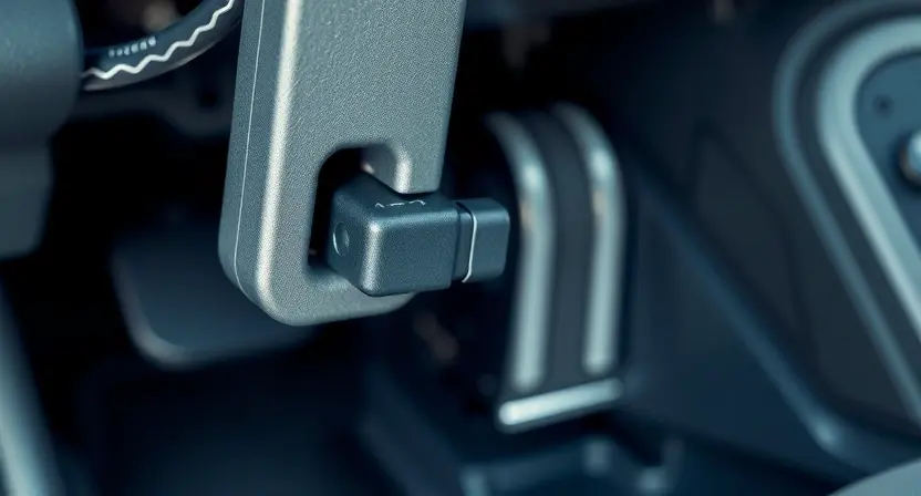 A close-up, detailed illustration of a car's accelerator pedal assembly. The focus should be on the position sensor and its wiring connection. The image should clearly show the pedal, the sensor mounted near it, and the wiring leading to the engine control unit (ECU). The background should be blurred to emphasize the components. The overall lighting should be bright and even, highlighting the details of the sensor and wiring.