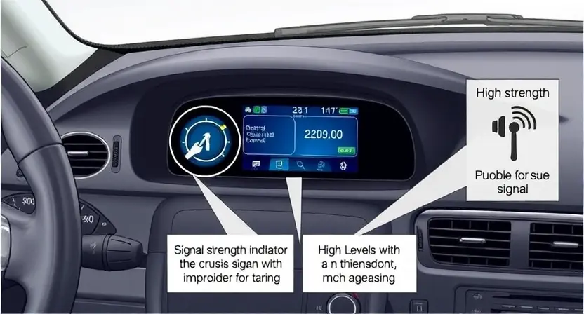 A detailed illustration of a car's cruise control system, highlighting the signal strength indicator and potential issues. Include visual representations of a strong signal versus a weak signal. Focus on the dashboard and relevant components.