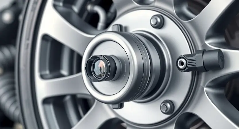 A close-up, detailed illustration of a car's front right wheel hub assembly. The focus should be on the speed sensor and its connection points. Show the sensor clearly, highlighting its physical form and how it integrates with the wheel and surrounding components. The background should be blurred, suggesting the interior of a car engine bay.