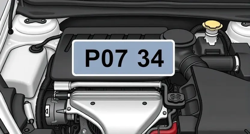 A detailed illustration of a car's engine bay with a diagnostic code P0734 highlighted on a dashboard display. The engine should be partially visible, showing various components like the intake manifold and exhaust system. Focus on the visual representation of the diagnostic code and its associated meaning.