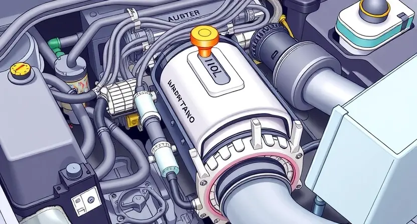 A detailed illustration of an automotive engine bay with a focus on the lambda sensor. The sensor should be clearly visible, connected to wiring, and surrounded by other engine components like the exhaust manifold, catalytic converter, and intake system. The image should depict the sensor's physical appearance and its connection to the engine's control system.