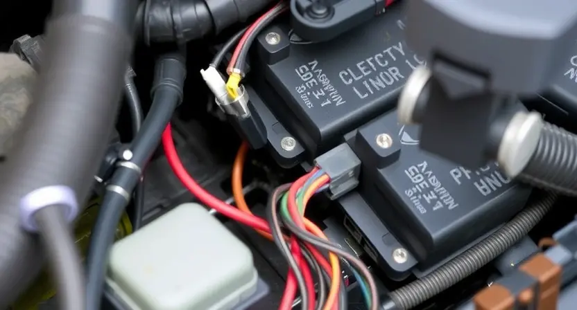 A close-up, detailed image of a car's electrical system, specifically focusing on the clutch control module and its wiring harness. Show wires connected to the module, connectors, and potentially a section of the car's chassis where the module is mounted. The image should highlight the complexity of the wiring and connections.
