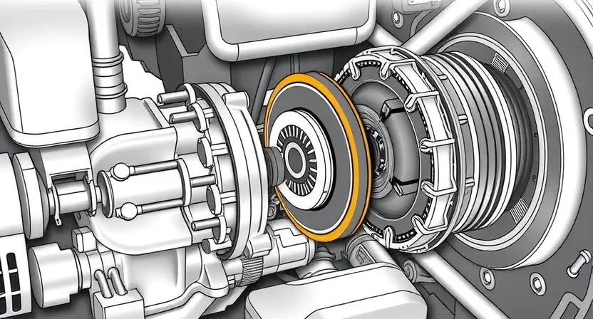 A detailed illustration of a car's transmission system, specifically highlighting the torque converter lockup clutch and its associated components. The image should clearly show the clutch mechanism, fluid lines, and the surrounding parts of the transmission. Focus on technical accuracy and clarity.