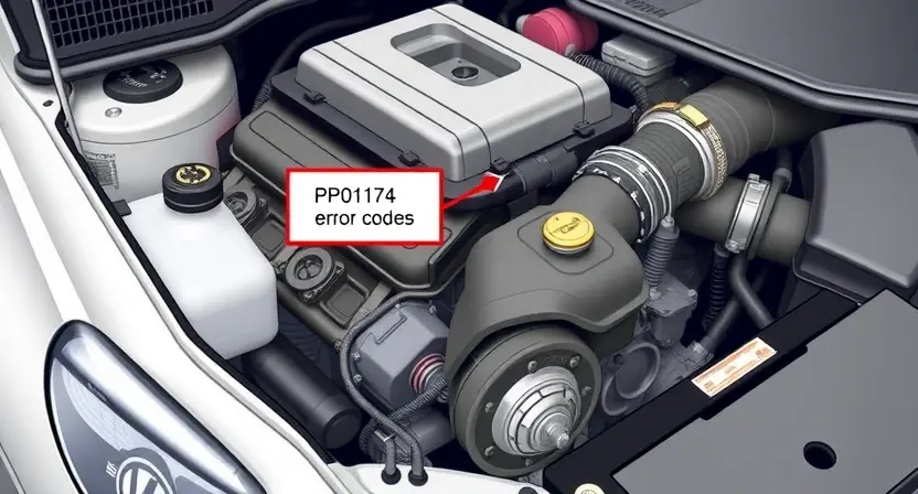A detailed illustration of a car engine bay with various components visible, including the fuel system, intake manifold, and sensors. Focus on the area related to the P0174 error code. The engine should be in a slightly angled, dynamic pose, suggesting a mechanic's inspection.