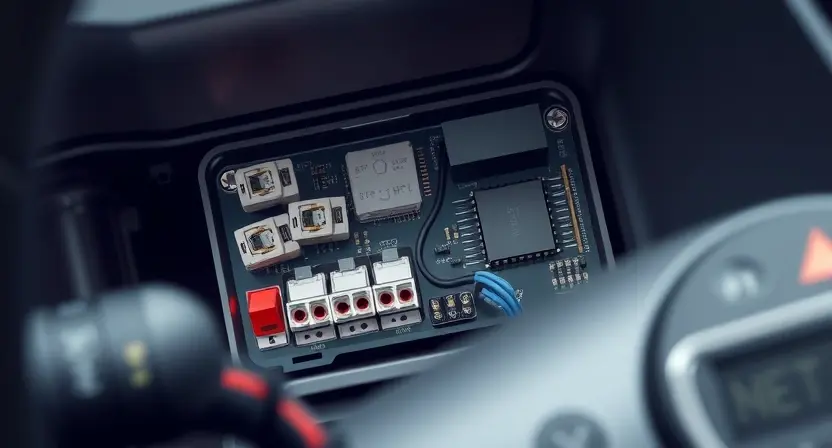 A detailed, close-up illustration of an electronic parking brake (EPB) control module inside a car's dashboard. Focus on the circuit board components, connectors, and any indicator lights. The image should convey a sense of technical complexity and precision. Include subtle hints of wiring and internal structure. The overall lighting should be bright and even, highlighting the details of the components.