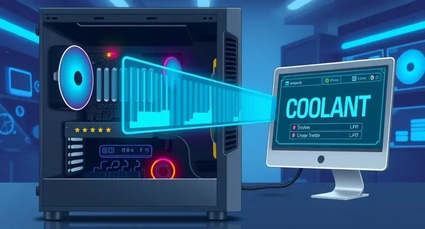 A digital illustration depicting a computer system with a low coolant level. The computer case is partially open, revealing the internal components. A visual representation of the coolant level is shown on a digital display connected to the computer. The background is a clean, modern tech environment.