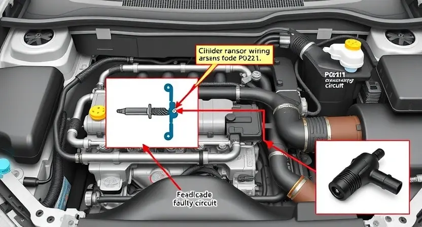 A detailed illustration of an engine bay with a focus on the fuel injector circuit of cylinder 11. Show a diagram highlighting the injector, wiring harness, and sensor related to the P0211 error code. Include visual cues representing the faulty circuit.