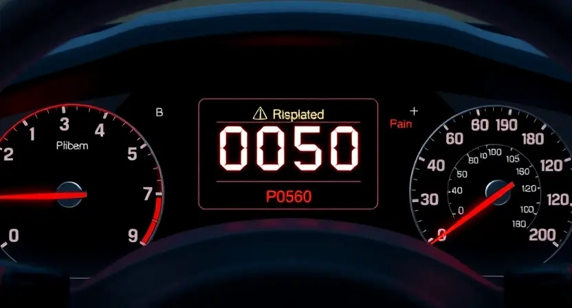 A detailed illustration of a car's dashboard showing a warning light illuminated for a P0560 code. The dashboard should be brightly lit, with clear visual indicators of the error message. Focus on the warning light and the code display.