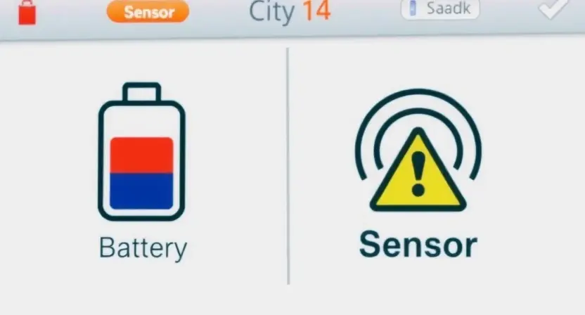 A close-up, detailed illustration of a battery icon with a low power indicator, next to a sensor icon displaying a signal strength warning. The background should be a clean, modern interface design suggesting a diagnostic tool or software. Focus on visual representation of low battery and sensor malfunction.