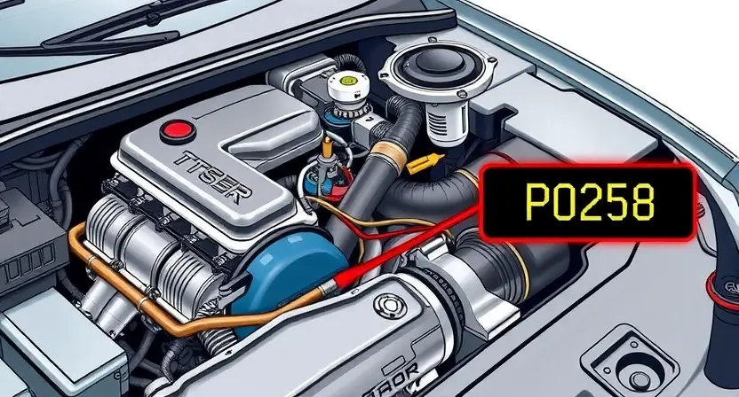 A detailed illustration of a car engine with a diagnostic code P0258 highlighted. The engine should be realistically rendered, showing various components like the catalytic converter, oxygen sensors, and exhaust system. The code P0258 should be clearly displayed on a digital display near the engine, with accompanying visual cues indicating the error.