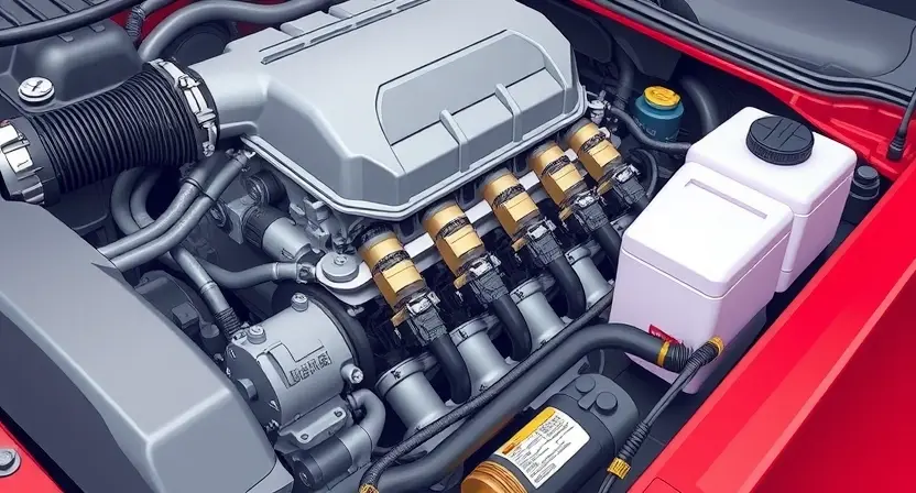 A detailed illustration of a car's engine bay, focusing on the fuel injectors and intake manifold. Highlight the areas related to fuel mixture control. Use subtle color gradients to indicate airflow and fuel distribution. The image should convey a sense of technical precision and diagnostic analysis.