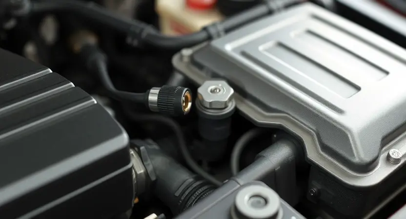 A close-up, detailed image of a car engine bay. Focus on the area around the engine temperature sensor and wiring. The engine should appear clean and well-maintained. Highlight the sensor and its connection to the wiring harness.
