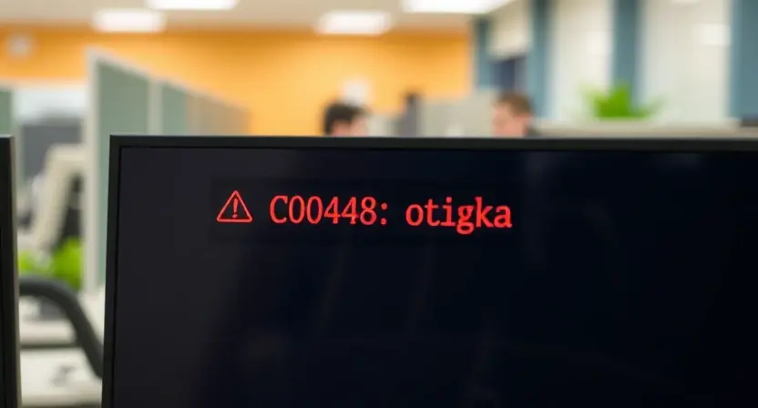 A computer screen displaying an error message "C0048: ошибка" with a red exclamation mark. The background should be a blurred office environment.