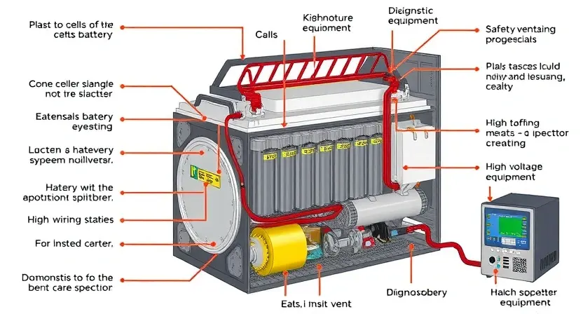 A detailed illustration of a high-voltage battery system, showcasing various components like cells, wiring, safety features (e.g., insulation, vents), and diagnostic equipment. The image should emphasize the complexity and safety aspects of the battery.