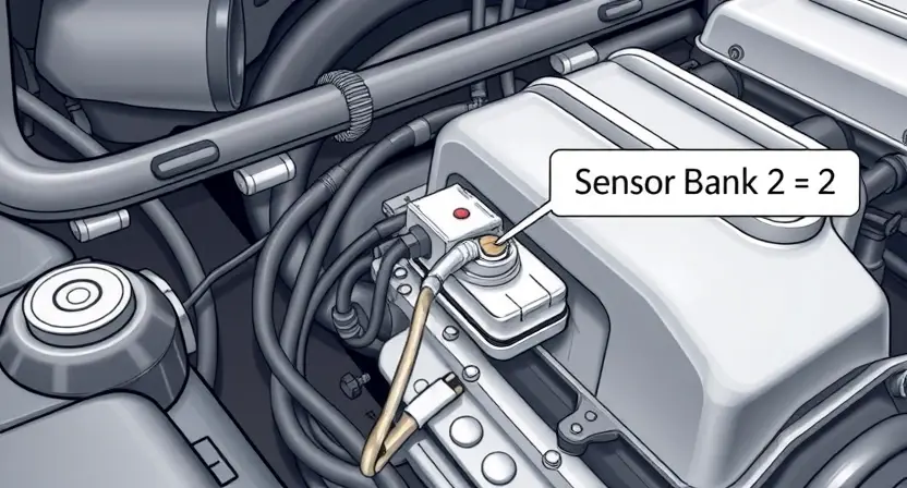 A detailed illustration of an automotive engine bay, focusing on the area around the fuel rail and sensor bank 2. The image should depict a close-up view of the sensor bank 2, highlighting the sensor itself and its wiring connections. Include visual cues indicating a potential issue, such as a slightly disconnected wire or a loose connection. The background should be slightly blurred to emphasize the sensor bank 2.
