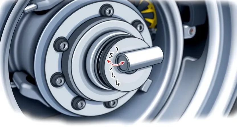 A detailed illustration of a car's front left wheel hub with a sensor attached. The sensor should be clearly visible and slightly damaged, indicating a potential issue. The background should be a slightly blurred view of the car's engine compartment, showing various components. Focus on the sensor and its connection to the wheel hub.