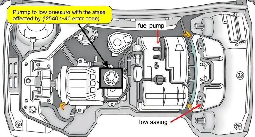 A detailed illustration of a car's fuel system, specifically highlighting the low-pressure fuel pump and related components. The image should clearly show the pump's location within the fuel system, including fuel lines, filters, and sensors. Focus on the areas potentially affected by a P2540 error code. Use a clean, technical drawing style.