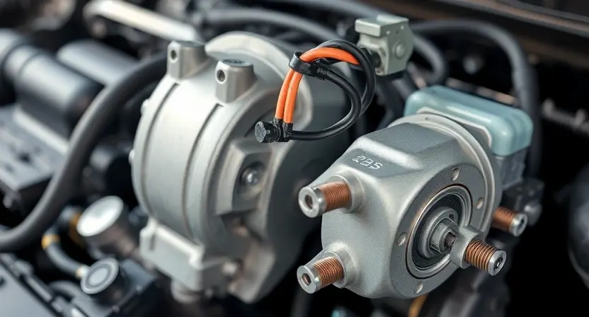 A close-up, detailed illustration of an ABS (Anti-lock Braking System) pump motor circuit board. Focus on the wiring and components related to the motor. The background should be blurred, suggesting a car's engine compartment. The image should convey a sense of technical precision and diagnostic inspection.