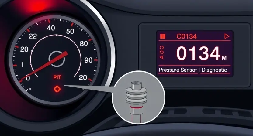 A high-pressure sensor gauge displaying a warning indicator with a red alert light and a digital error code C0134 on a diagnostic screen, showing a vehicle's engine compartment with a pressure sensor highlighted, clean technical illustration, no text or numbers on the image