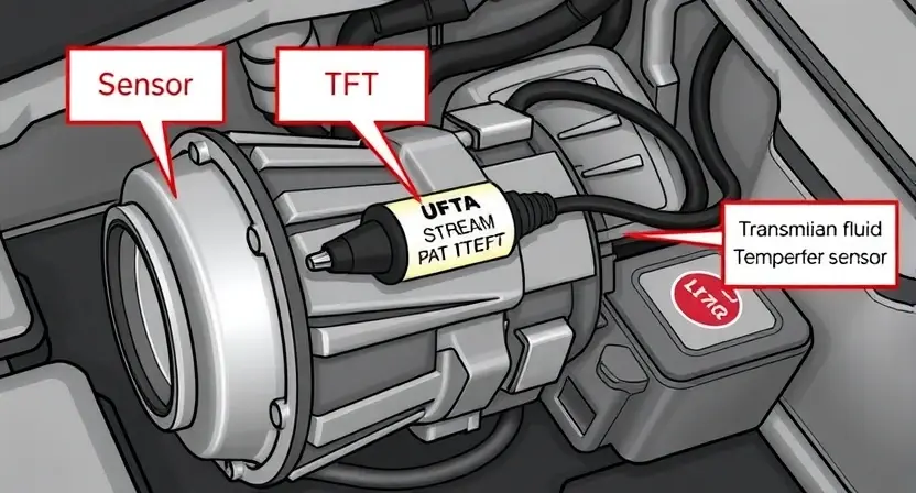 A detailed illustration of a transmission fluid temperature sensor (TFT) within a vehicle's transmission system. The image should clearly show the sensor, its wiring, and its connection to the vehicle's computer. Include labels indicating key components like the sensor itself, the transmission fluid, and the data stream. The background should be a simplified representation of the transmission compartment.