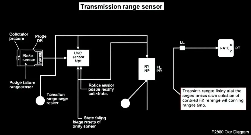 A detailed schematic diagram of a transmission range sensor circuit, highlighting the P2800 error code and potential failure points. Include visual representations of the sensor, wiring, and associated components. Focus on clarity and technical accuracy.