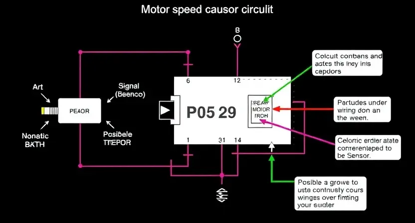A detailed schematic diagram of a motor speed sensor circuit, highlighting the P0529 error code and its potential causes. Include visual representations of the sensor, signal processing, and possible wiring issues. Focus on clarity and technical accuracy.