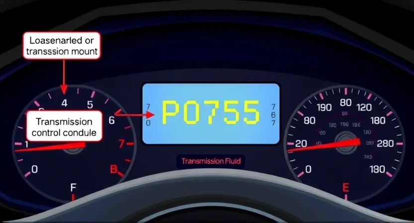 A detailed illustration of a car's dashboard with a diagnostic error code display showing 'P0705'. The dashboard should be brightly lit and clearly show the error code. Include visual cues representing the potential causes of the error, such as a loose or damaged transmission mount, a faulty transmission control module, or a problem with the transmission fluid.