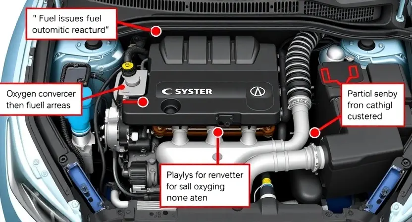 A detailed illustration of a car's engine bay with various components highlighted, including the fuel system, oxygen sensors, and catalytic converter. Focus on visual representation of potential issues related to the P0178 code.