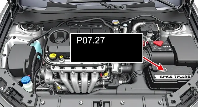 A detailed illustration of a car engine bay with the P0727 diagnostic code highlighted on a dashboard display. Focus on the engine components, wiring, and the diagnostic screen.