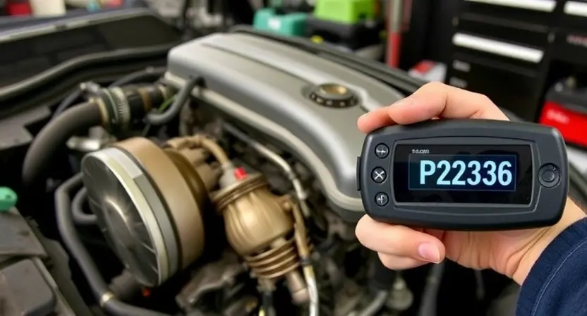 A detailed view of a car engine with visible signs of wear on the first cylinder, including a close-up of the piston and cylinder wall to show the damage. The image should also depict a mechanic's hand holding a diagnostic tool displaying the error code P2336. The background should include a well-lit garage with various automotive tools and equipment.